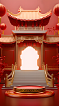 通用电商促销中国风中式3D立体C4D门框场景背景图片素材5