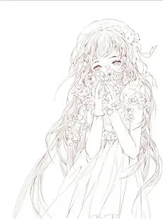 清茗手绘治愈系捧花农场小姑娘日式动漫插画线稿素材下载