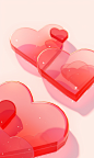 the three red hearts are placed on a surface, in the style of translucent geometries, light beige and pink, vray tracing, glazed surfaces, fragmented icons, wavy resin sheets, matte photo