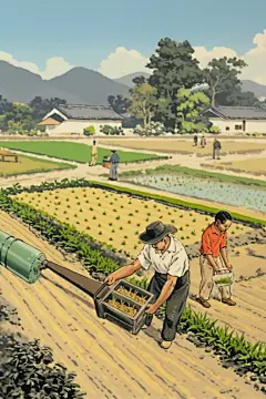 下田插秧人物插画绘画