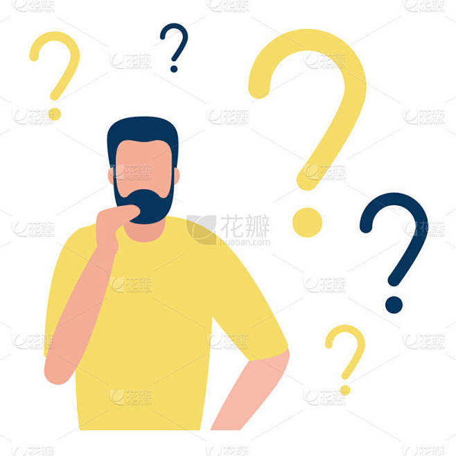 思考商业的人会打问号。年轻人解决问题，选择解决方案。被问号包围的人。矢量平面设计插图