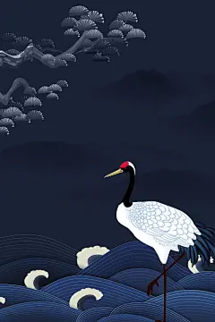 大气中国风重阳节仙鹤浪花松树背景图片png免抠元素中国风/党建背景装饰免扣图片