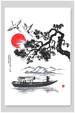 精美仙鹤日式山水矢量插画