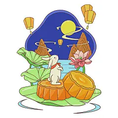 卡通中秋节节日玉兔和月饼插画元素png