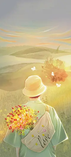 男孩帽子背影鲜花情侣手机壁纸