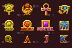 埃及图标赌场机器插槽游戏与彩色宝石。不同图层上的矢量槽图标.