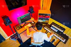 俯视图亚洲男性音乐制作人安排一个热门歌曲在家庭工作室