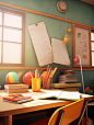 teacher desk background screenshot school desk, in the style of vray tracing, light red and yellow, studyblr, chalk, cartoon mis-en-scene, realistic details, algernon blackwood