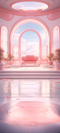 3d backdrop for your anime girl scene pink aw, in the style of architectural compositions, rich tonal palette, daz3d, light orange and white, coastal scenes, rococo interiors, asymmetric compositions