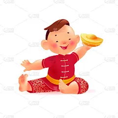快乐的中国男孩在传统汉服与金元宝孤立在白色背景。