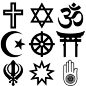 左至右上至下：基督教、犹太教、印度教、伊斯兰教、佛教、神道教、锡克教、巴哈伊教、耆那教