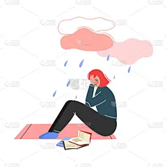 沮丧的少女坐在雨云下，有学习问题的青少年矢量插图