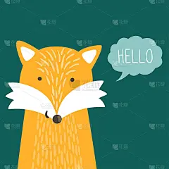 可爱的狐狸和文本“你好”矢量插图。幼稚的背景与微笑的卡通人物。