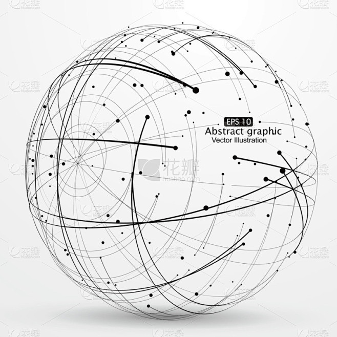 点和曲线构造的球体线框和科技感抽象插图.