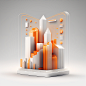 A data icon, orange gradient frosted glass, frosted glass building,white city building scene, data line link, chip, OC renderer, big data, industrial machinery, high detail, light gray background with simple linear details, studio lighting, 3d, c4d, pure 