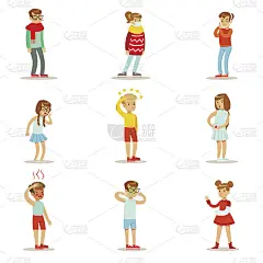 生病的孩子感觉不舒服遭受疾病或受伤需要医疗保健的卡通人物的医疗帮助收集