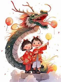 中国小朋友、龙和烟花在一起，手绘年画，白色背景，在风格上交织