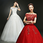 红色婚纱礼服新娘夏季婚纱2017新款一字肩修身齐地复古韩式蓬蓬裙