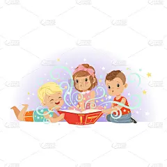 一群小孩子，男孩和女孩阅读魔法书的童话故事。想象力丰富的卡通儿童角色。孤立平面向量