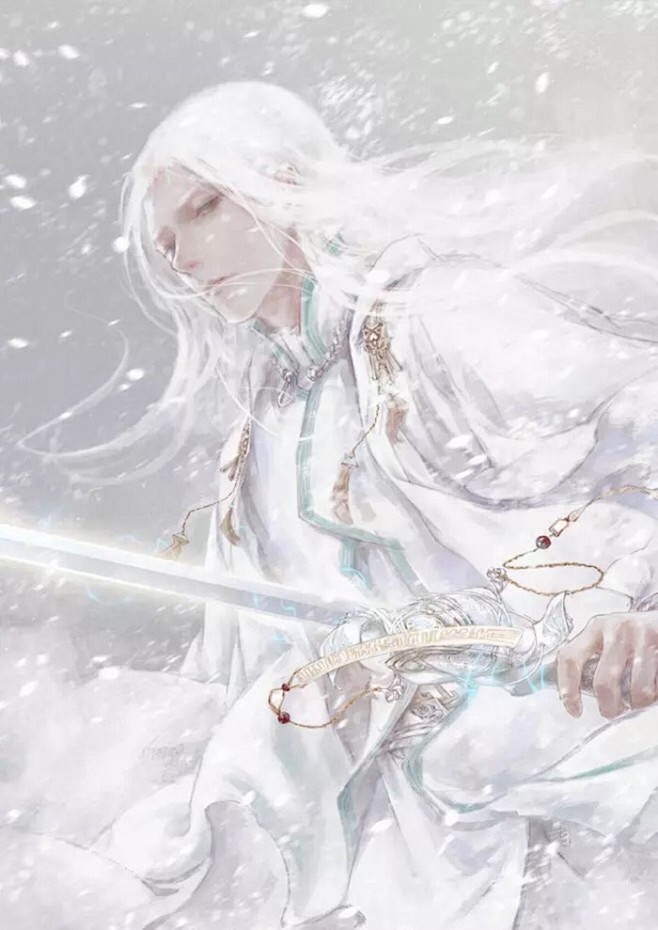 古风美男美女白衣白发雪