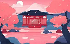 日本风格建筑场景插画 【酷图网】粉色,日本,日式,建筑,场景,清新,樱花,插画,插图,扁平化,场景插画,日本文化,日式风格