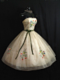 ~1950s Strapless Ivory Silk Embroidered Floral Applique Chiffon Organza Party Prom Wedding Dress~