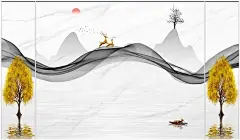 靓9486-新中式意境禅意抽象抽象山水金色树鱼肚白爵士白大理石纹