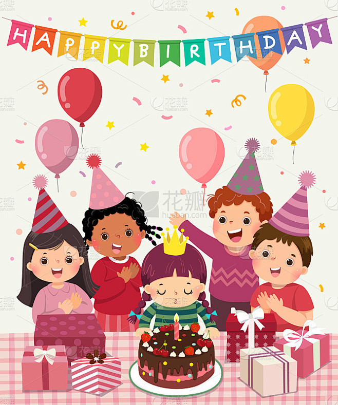 向量插图卡通快乐的一群孩子在生日聚会上玩。小女孩吹灭生日蛋糕上的蜡烛。
