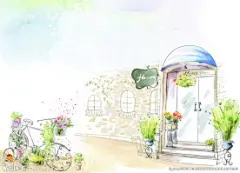 手绘水彩街景风光插画
