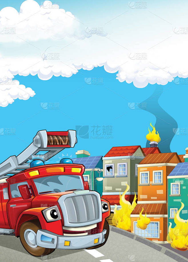 卡通插图与消防战斗机卡车在工作中扑灭火灾