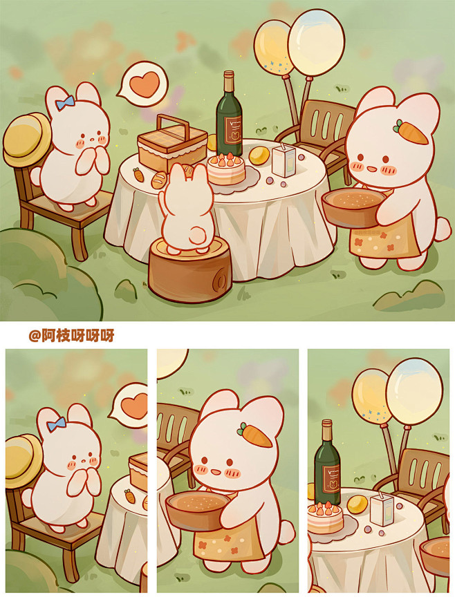 Q版兔兔野餐小场景插画_阿枝呀呀呀__插...