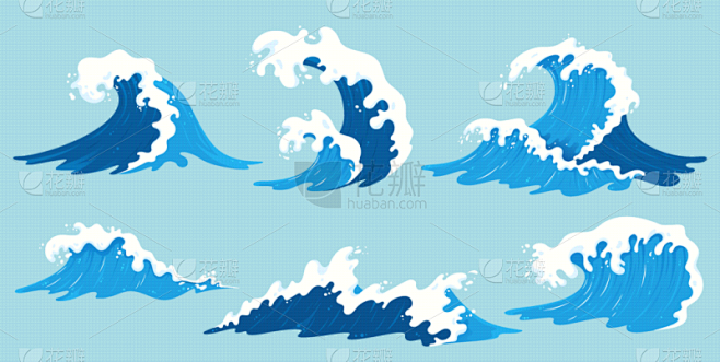 卡通,波浪,矢量,蓝色,海洋,白色,水,溅,设计