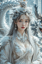  A royal elder sister, with a straight face, solemn and sacred, queen, white palace, dragon lady, drakan_longdress_crown,High complex headdress,Half-length photo with long white hair,Gaze lens