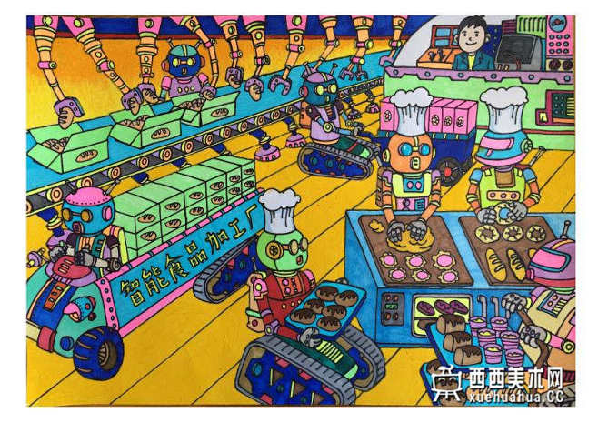 一等奖小学生获奖科幻画《智能食品加工厂》...