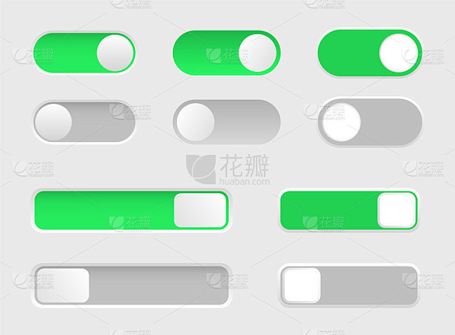 开和关切换开关。滑块按钮的集合。按钮用户界面的切换。按钮模型为现代设备。矢量插图。