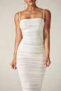 Justina Ruched Organza Mesh Midi Dress (Off White)