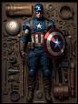 Captain America and his shield,Neatly arranged,Knolling,Knolling layout,Surrealism,Deconstruction,Depth,Cinematic lighting,OC render, 16k