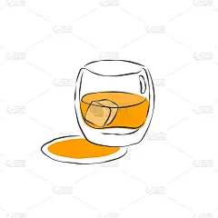 加冰的葡萄酒杯威士忌。喝的元素。颜色对象。复古玻璃酒手绘，设计用途不限。餐厅插图。简单的草图。孤立在