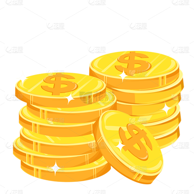 金色扁平堆叠在一起的卡通金币元素