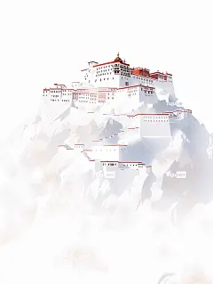 布达拉宫被白色浓雾包围，佛教禅宗平面插图海报