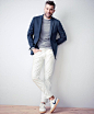 J.Crew Italian cotton piqué Ludlow double vent jacket and slim pants, cashmere crewneck sweater, 484 selvedge jeans in white and the Nike® for J.Crew Killshot 2 sneakers.