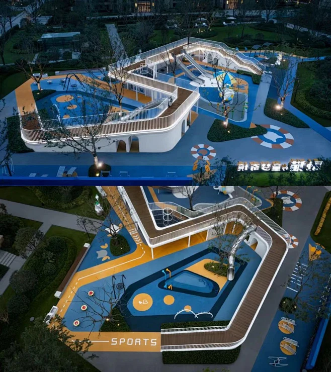 融创中央学府 园区 以融创独有IP“融猫”为主题的儿童活动空间，通过融猫雕塑、慢跑栈桥、撞色的蓝黄铺装等，让空间产生趣味的视觉效果。折线的路径 ...