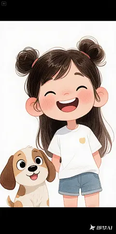 jimeng-2025-05-08-538-杰作, 最好的质量, 水彩绘画，卡通人物设计。白T恤，短裤，肖像，1 个女孩和一条小狗, 大眼睛，可爱的表情，两个发髻，有趣的，大笑，清晰的线条，留着空白，