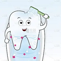 微笑的牙齿，浴缸和花，卡通向量