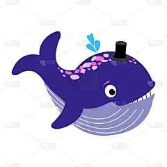 可爱的紫色鲸鱼在帽子里吹喷泉。世界鲸鱼日保护海洋哺乳动物。矢量平面插图的海报，横幅，卡片，儿童的书