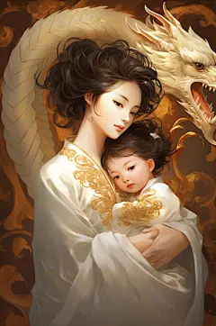 AI数字龙年龙生肖宝宝母亲节插画