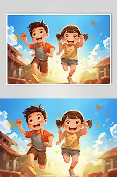数字艺术学生放假开心过暑假扁平风插画