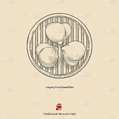 手绘矢量点心插图，长寿桃馒头。复古风格的设计。由单色的半色调点和线绘制，易于在不同颜色的背景上使用。