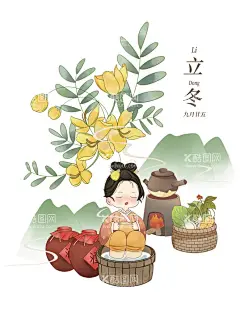 插画  - 源文件下载【酷图网】二十四节气,24节气,民俗人物,民俗,人物元素,吃饺子,下雪,手绘,插画,手绘插画,节气插画,古风人物,古风