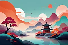 禅意古风国潮山水插画背景图